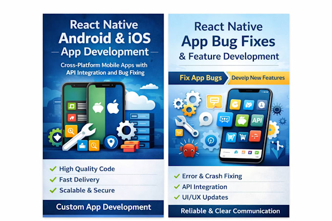 fix bugs and develop react native apps for android and ios