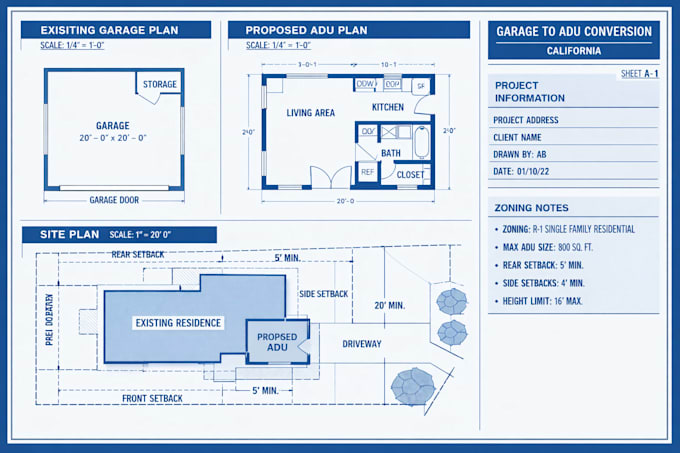 Garage to adu conversion permit plans california city approved drawings ...