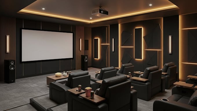 Create 3d cgi home theater, cinema room, and media room interior design ...