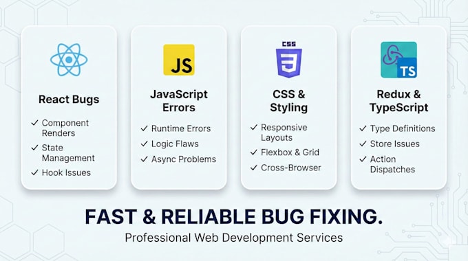 Risolvi bug, error e problemi in react, javascript, html css, bootstrap ...
