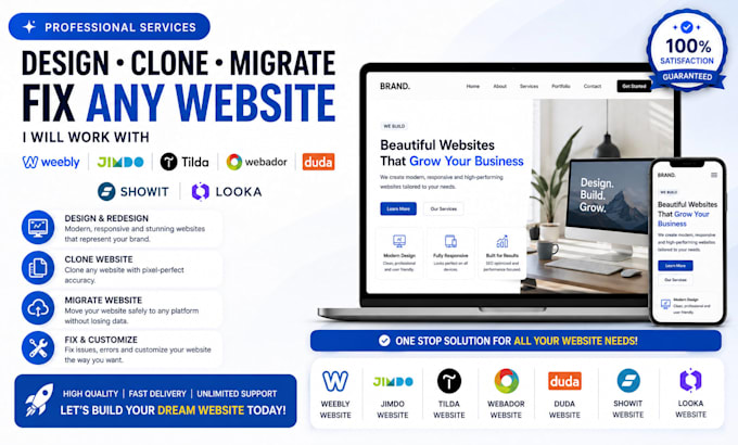 design clone migrate, fix weebly jimdo tilda webador duda, showit, looka website