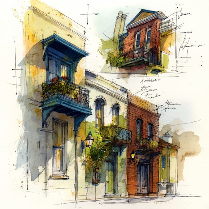 sketch architecture building with watercolor rendering