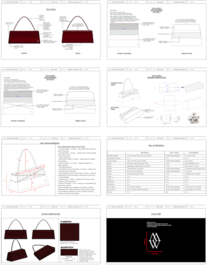 design and create a tech pack for backpack, handbag, duffle bag, luggage etc