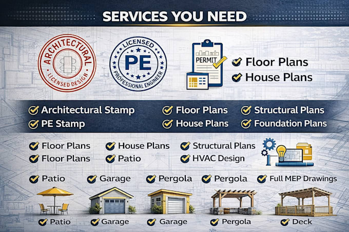 architectural, structural, mep for city permit with architectural stamp