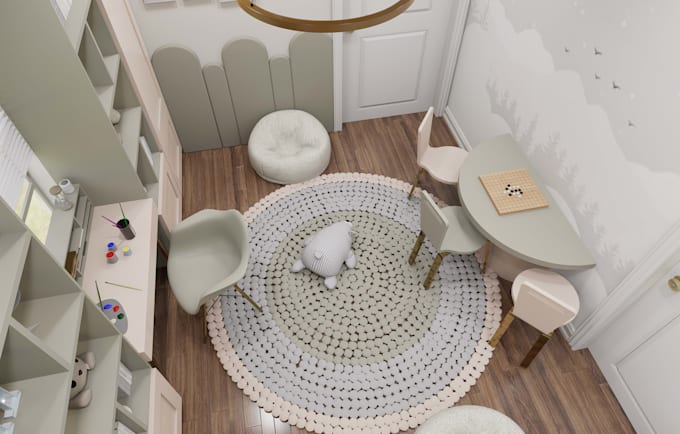design modern kids bedroom with realistic 3d render
