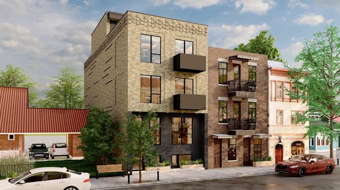 restructure house elevation, apartment exterior,layout plan,brick facade,balcony