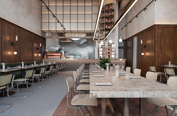 build 3d restaurant interior, dining room,open kitchen, bar layout,cgi rendering