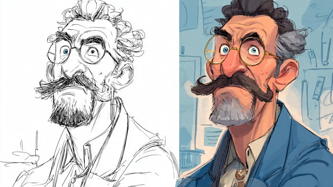 sketch, outline and color cartoon illustrations