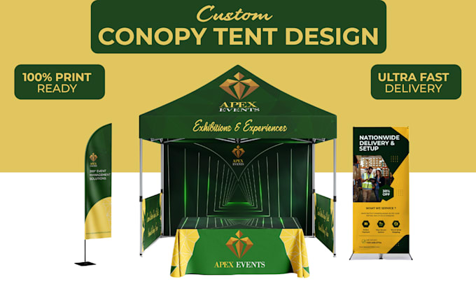 design canopy tent, feather flag, table cover for out door event