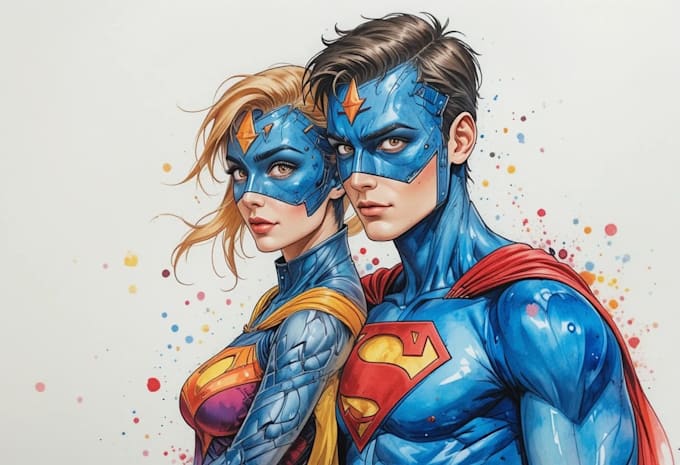 make watercolor super hero couple portrait