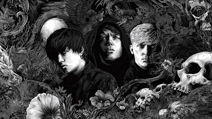 create detailed dark art illustrations for bands and merch