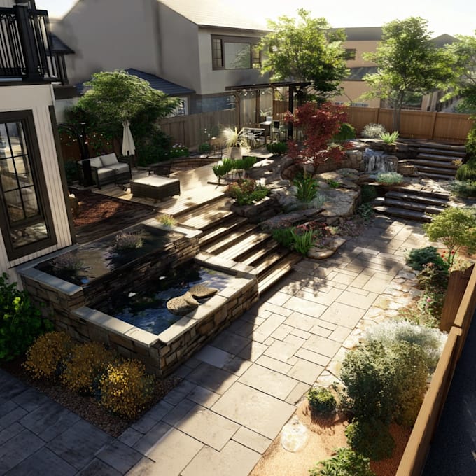 design backyard, frontyard, pool, patio as a landscape