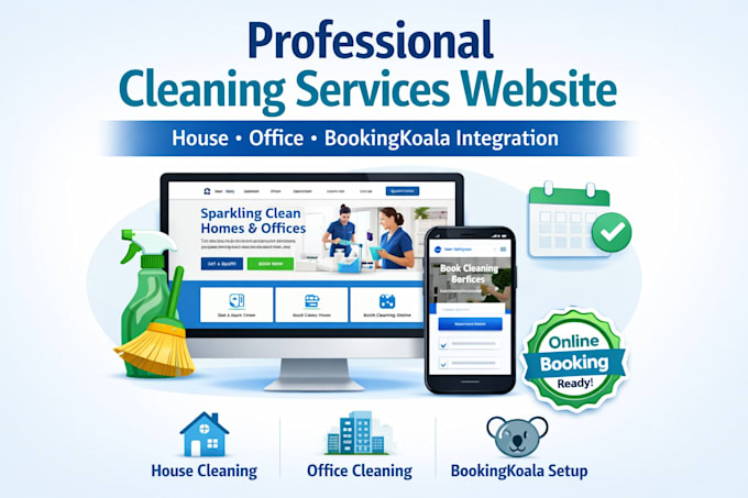 build cleaning services website, house and office cleaning, bookingkoala website