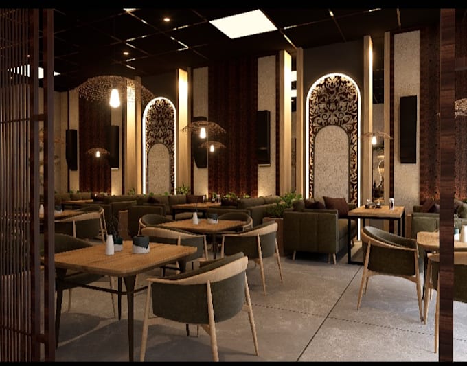 do 3d interior design cafe, restaurant, retail shop, office