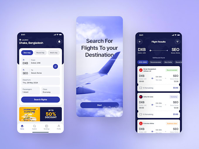 develop marketplace flight booking app, trip planning app like booking com app