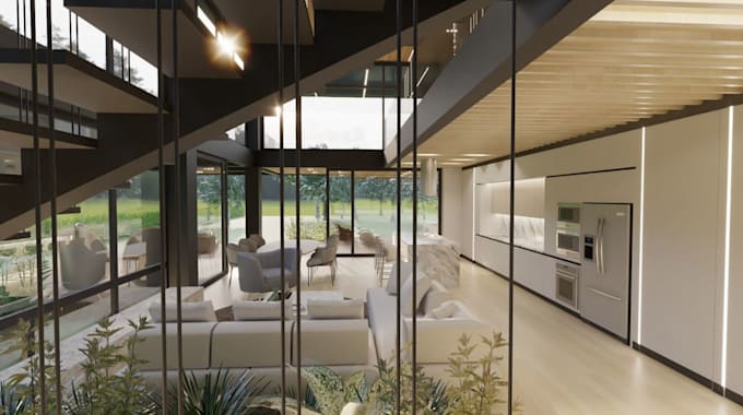 develop modern villa exterior,interior, wood frame construction, front elevation