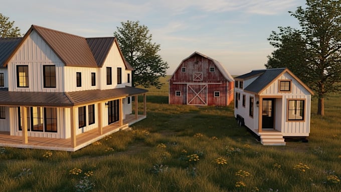 do 3d exterior rendering for modern farmhouse, tiny house and rustic barn