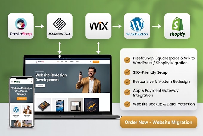 migrate prestashop squarespace wix to wordpress to shopify migration website