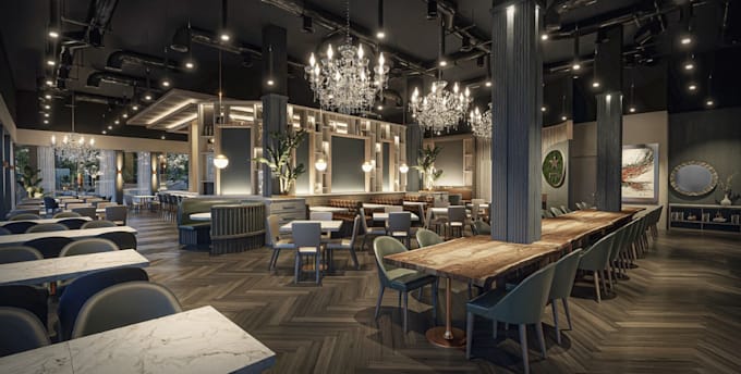 Adjust 3d restaurant interior design,bar lounge render,rooftop design ...