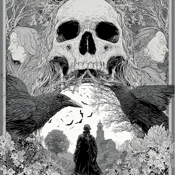create horror and gothic line art illustrations