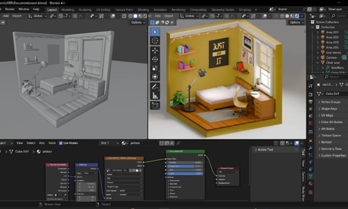 create isometric 3d bathroom, kitchen, living room concept and 3d rendering