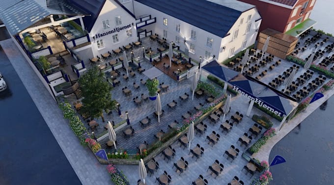 renovate 3d restaurant, outdoor dining terrace, cafe layout design, patio render