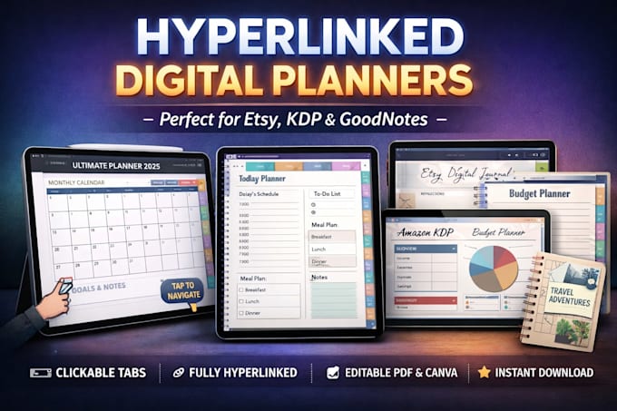 create a hyperlinked digital planner or etsy digital product for ipad, KDP