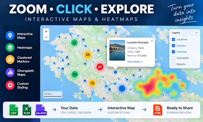 create custom interactive maps, heatmaps and gis visualizations