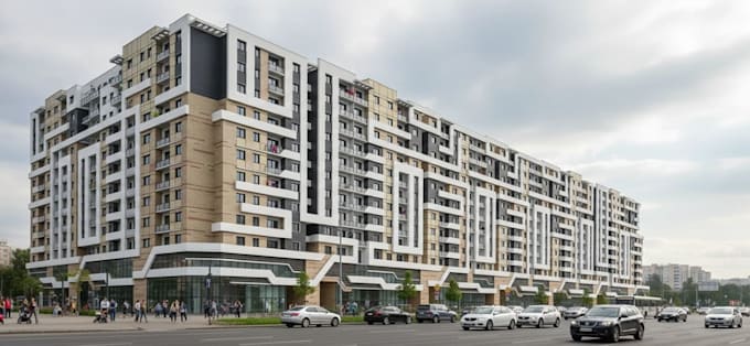 reinvent mixed use property, modern residential complex, exterior render, revit