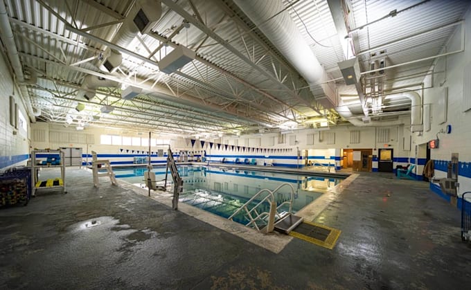 design 3d swimming facility, indoor aquatic center, modern stadium complex, cgi