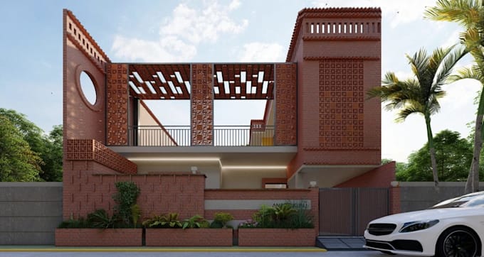 revamp 3d duplex exterior, brick wall facade, driveway design, balcony render