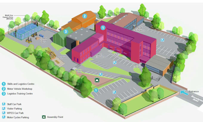 creat a map illustration site plan school,office and collage