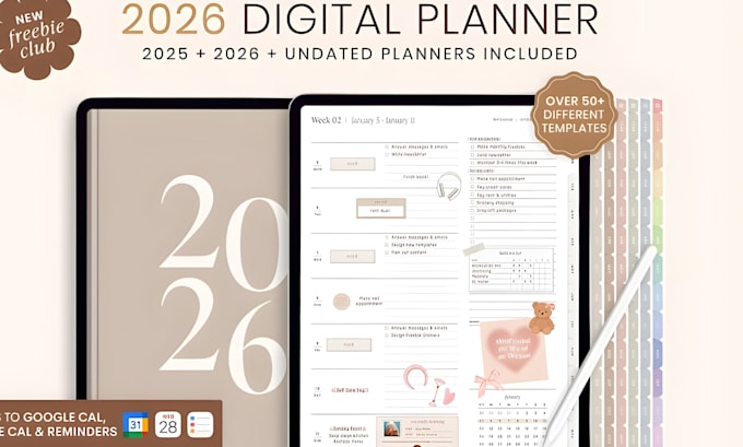 design 2026 digital planner, calendar and editable planner