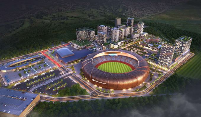 render 2d architectural drawing concept,city stadium complex, mixed use building