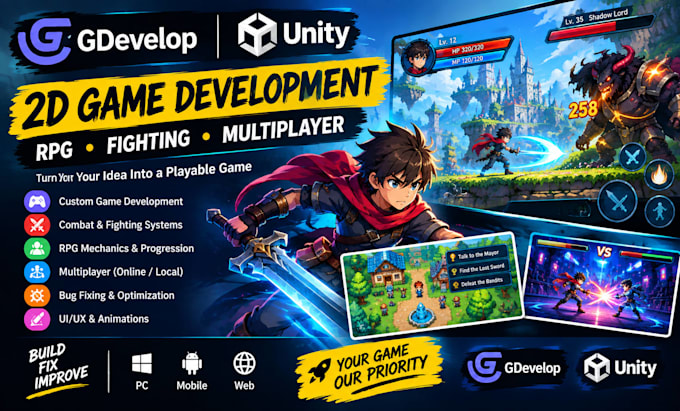 create or fix topnotch 2d rpg multiplayer fighting games on gdevelop, unity