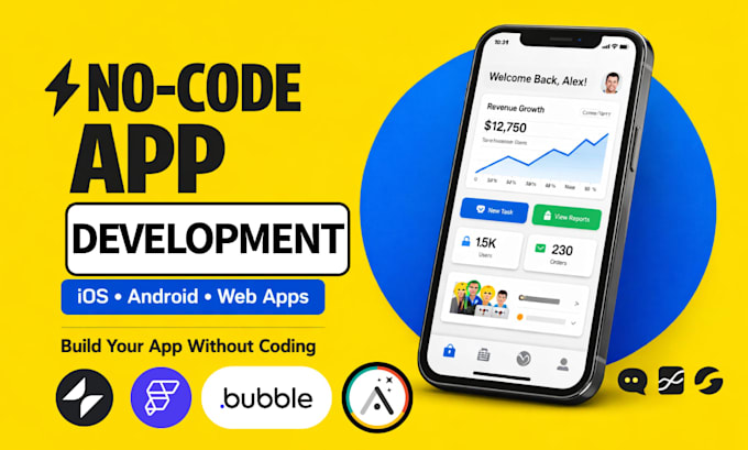 build no code app using bubble io, flutterflow or adalo web app