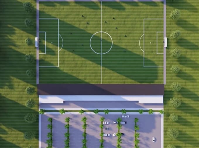 3d stadium exterior rendering, modern community field design, 2d master planning