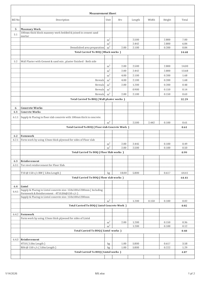 prepare boq and construction cost spreadsheets in excel
