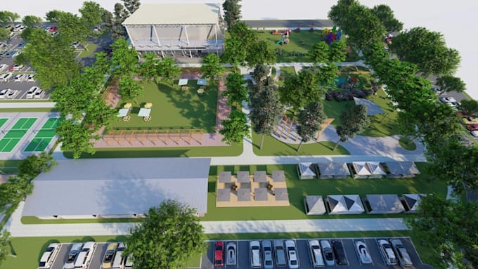 redesign 3d architectural master plan, community park rendering, bird eye view