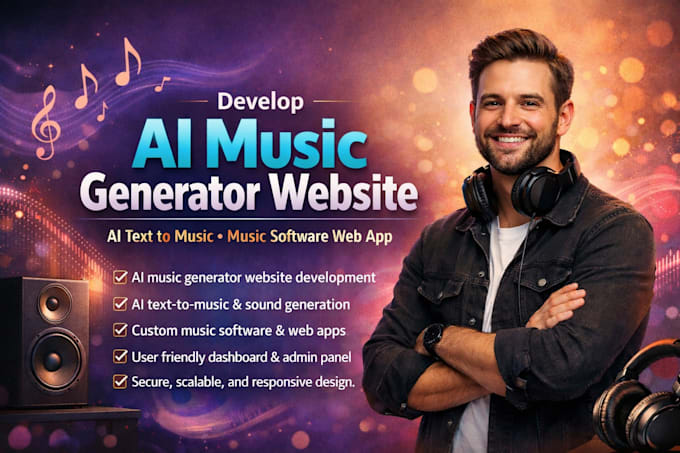 build ai music generator website, ai text to music app, software music website