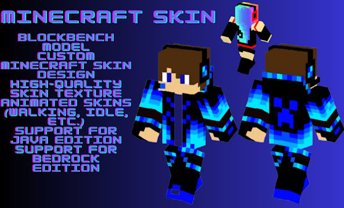 design custom minecraft skin texture and animation for java and bedrock