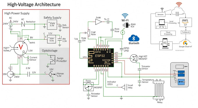 high voltage pcb electronics circuit design iot architecture in kicad or esp32