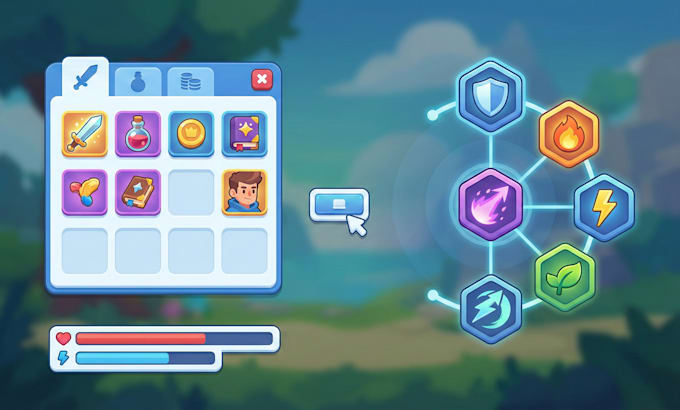 design 2d flat game icons, ui elements, items, and skill art