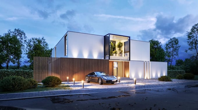 refine 3d cgi cottage villa exterior, modern chalet house interior, pool render