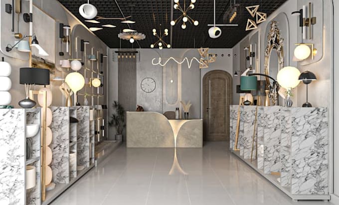 design modern false ceiling, chandelier and wall panels with realistic 3d render