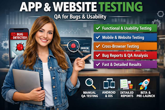 do website testing, mobile app testing, usability testing, and bug QA