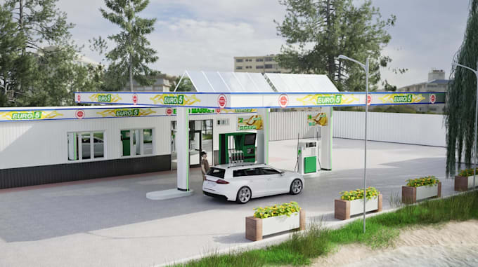 do3d petrol station,canopy structure,service room,mart,landscaping,scale element