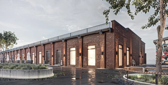 renovate external loft apartment, red brick facade design, street view rendering