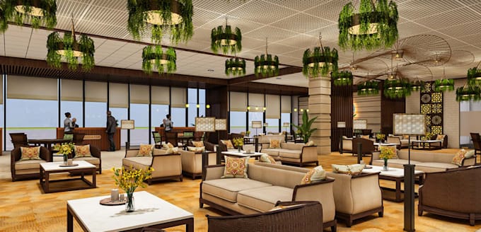 design lounge area, hotel lobby rendering,restaurant layout, sauna, spa facility