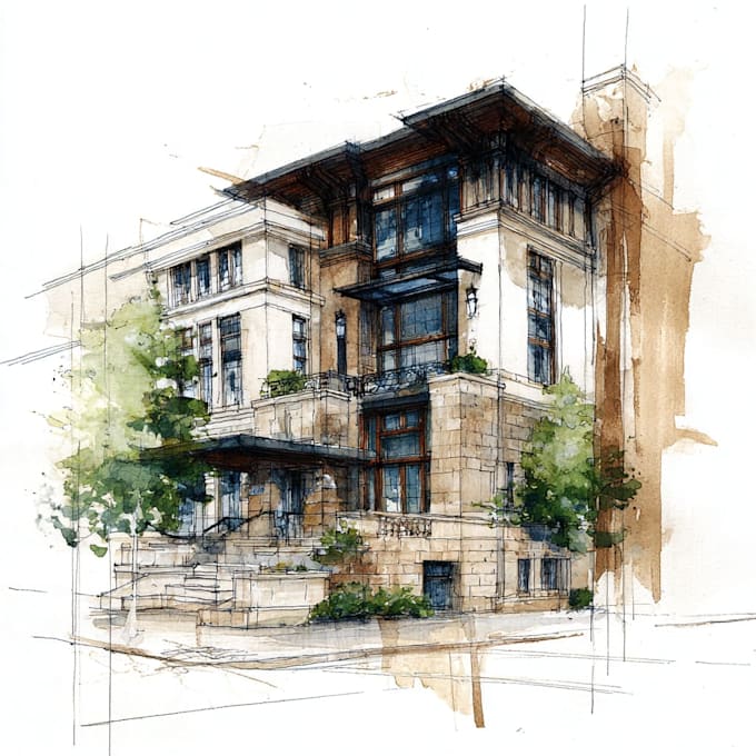 sketch architecture building with watercolor rendering